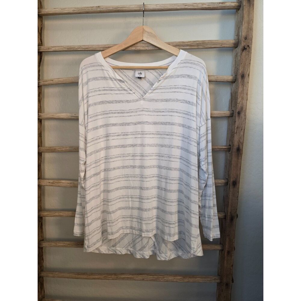 Cabi ATC Habit Tee #5930 Medium White Gray Stripe Oversized V Neck High Low